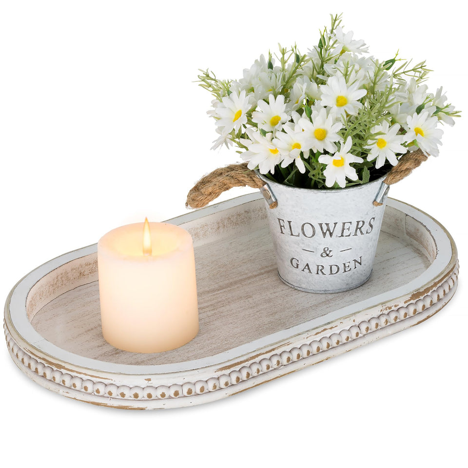 Hanobe decorative tray with oval white beaded edge, ideal centerpiece.