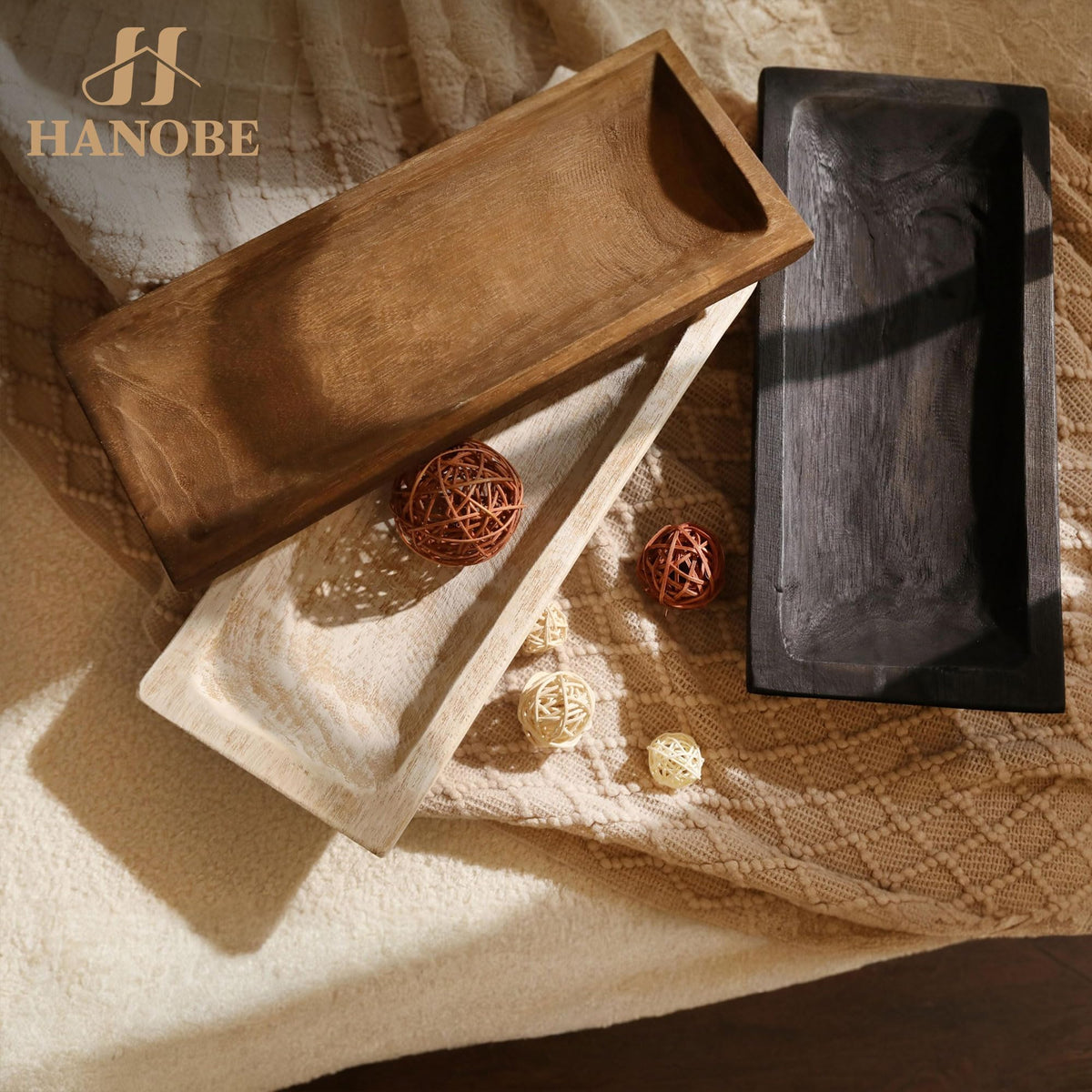 Hanobe dough bowl showcases natural wood grain for a textures-rich display.