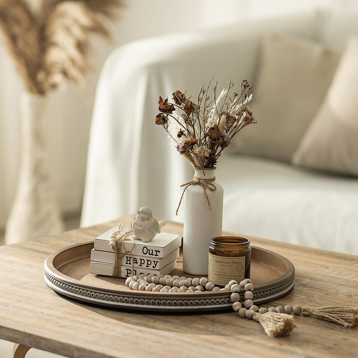 Hanobe white-washed round tray ideal as a stylish centerpiece