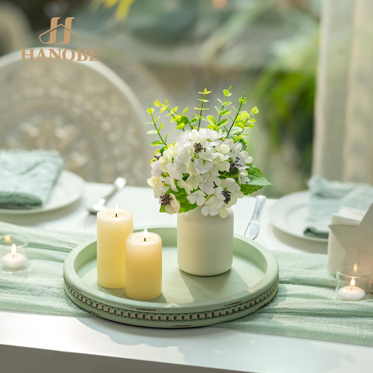 Hanobe Sage Green Tray as a dining centerpiece for modern or farmhouse styles