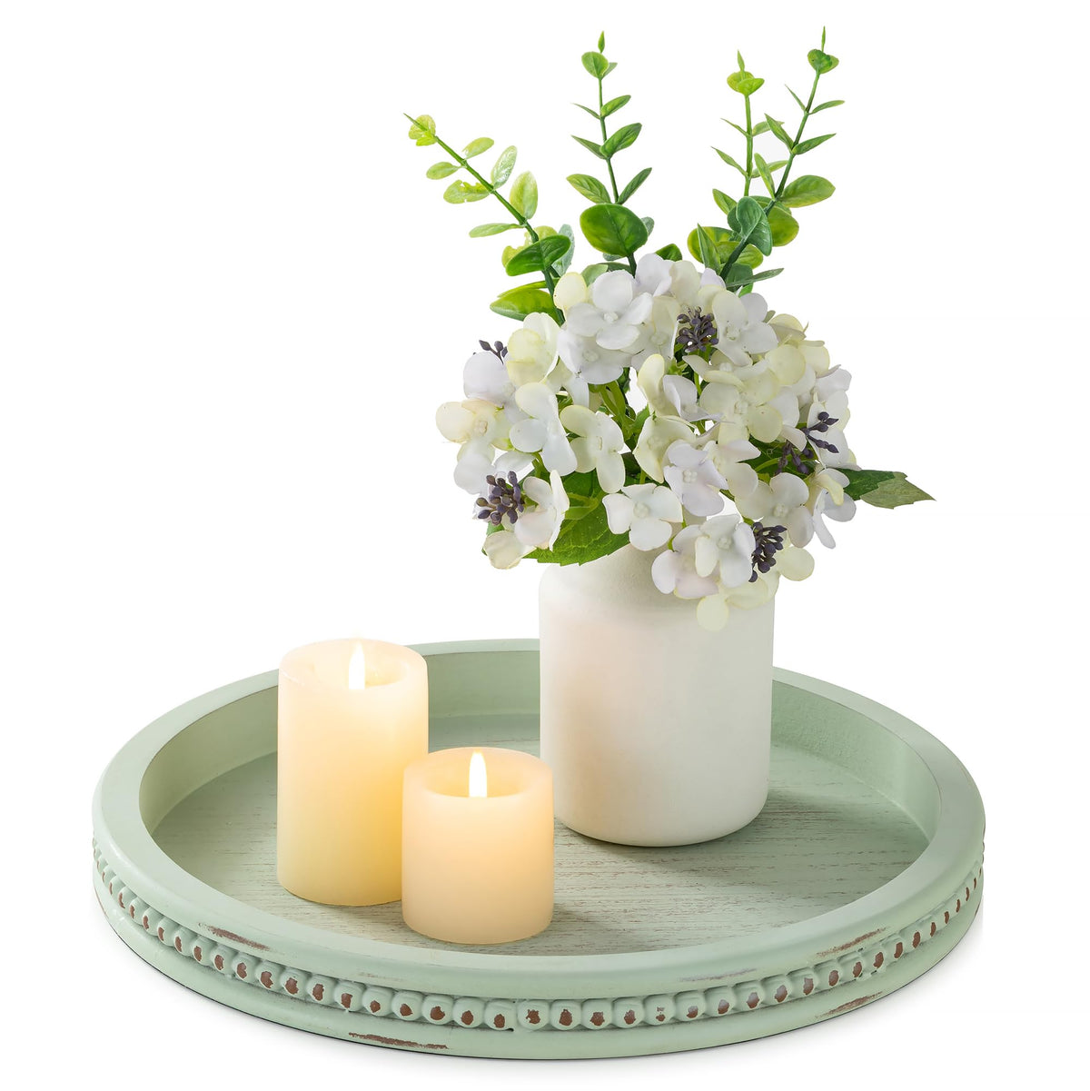 Hanobe Sage Green Round Decorative Tray brightening a shelf with rustic charm