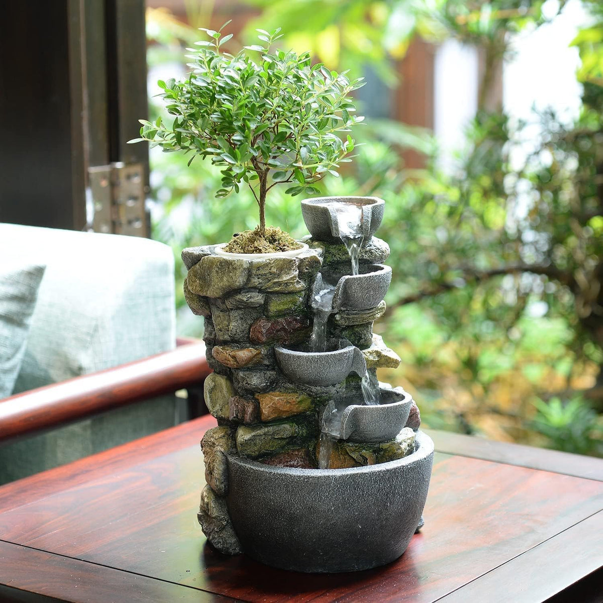 Haobos indoor fountain 4-bowl rockery front view enhances calm table decor