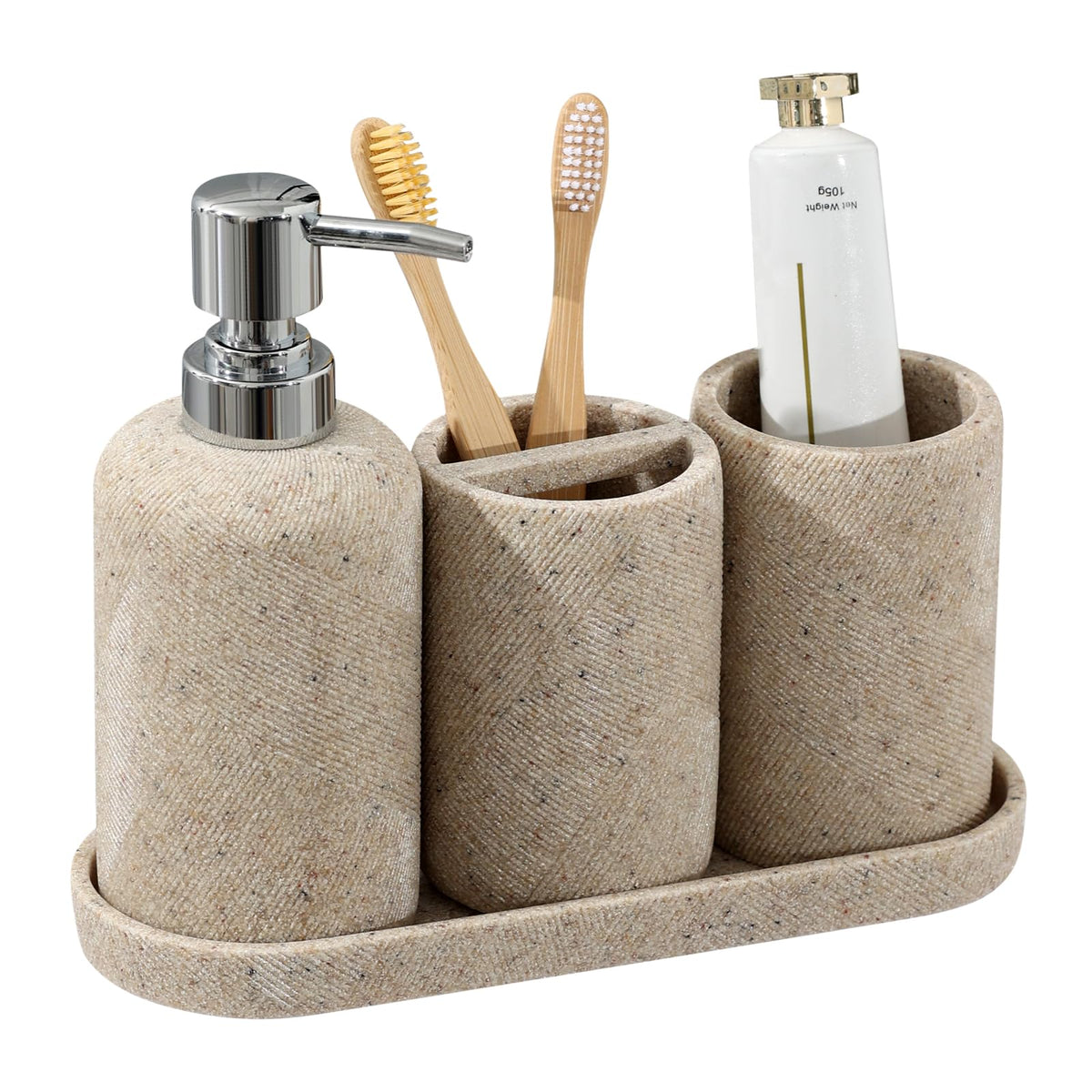 Haocoott 4-piece bathroom set on beige countertop keeps vanity tidy and stylish.