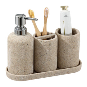 Haocoott 4-piece bathroom set on beige countertop keeps vanity tidy and stylish.