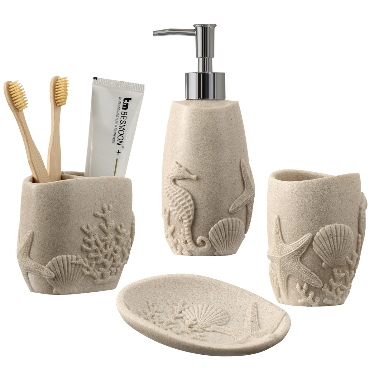 Haocoott soap dispenser on beige counter promotes clean, organized handwashing.