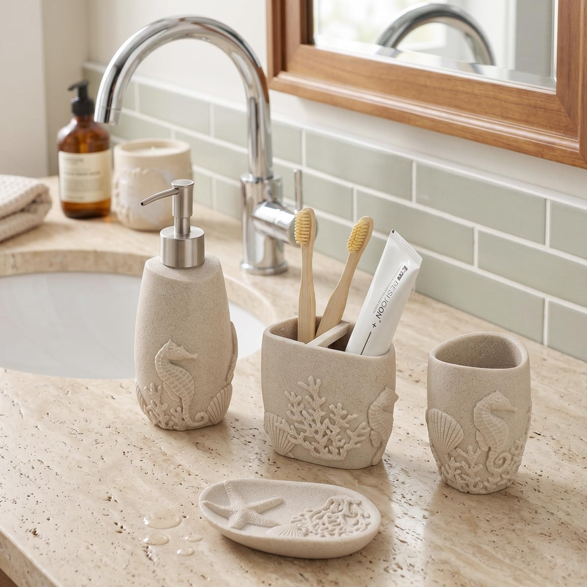 Haocoott toothbrush holder keeps brushes upright, reducing vanity clutter.