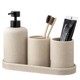 Haocoott bathroom set soap dispenser front view showcases beige sandstone finish for organized countertops