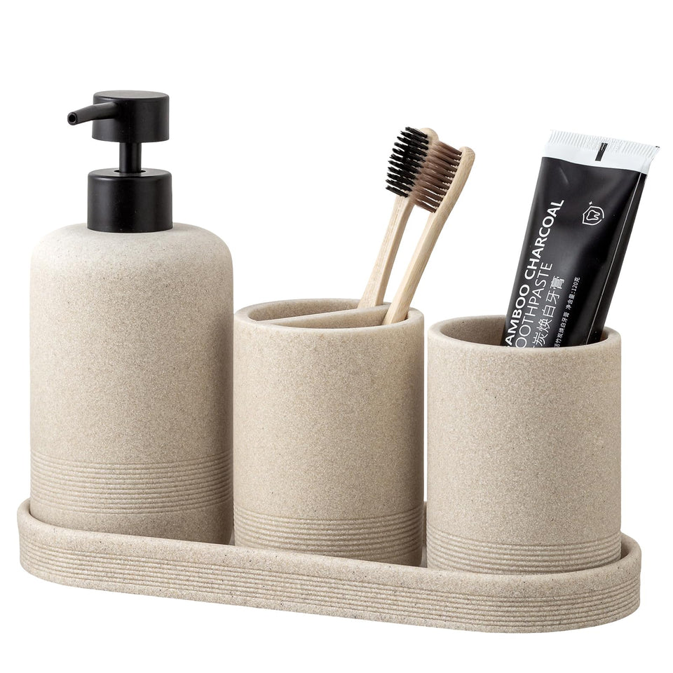 Haocoott bathroom set soap dispenser front view showcases beige sandstone finish for organized countertops