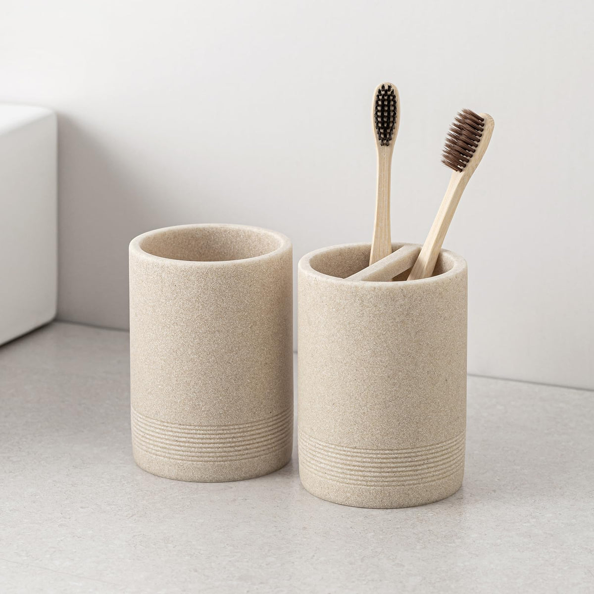 Haocoott bathroom set on counter demonstrates cohesive beige aesthetic and practical storage