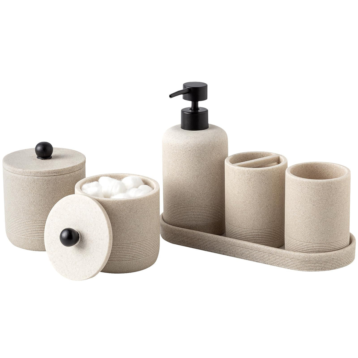 Haocoott six-piece bathroom set displayed on a clean vanity for organized daily use
