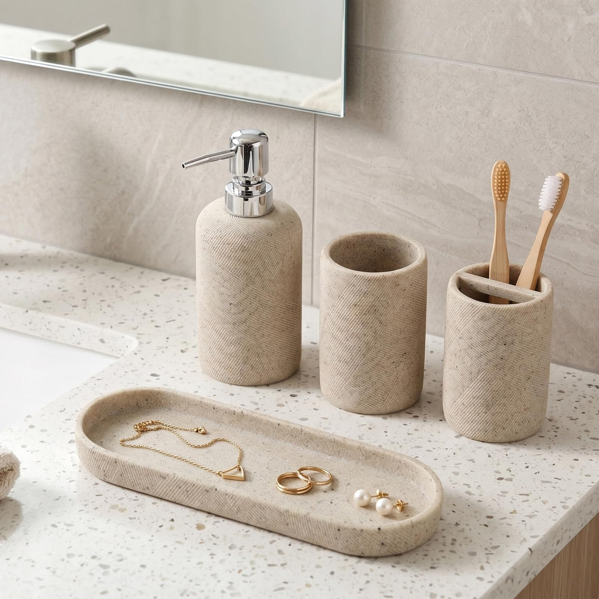 Haocoott vanity setup in bathroom setting shows cohesive beige decor.