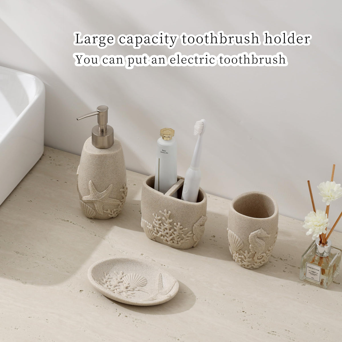 Haocoott beige countertop organizer keeps vanity tidy and accessible.
