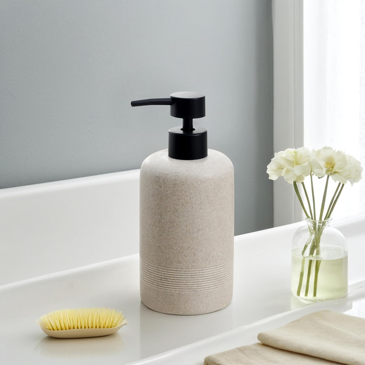 Haocoott beige pump head dispenser on bathroom counter for steady daily use.