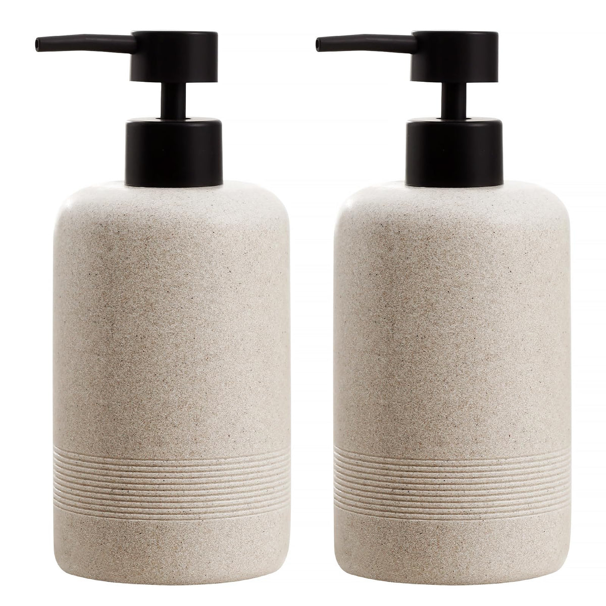 Haocoott soap dispenser 400ml beige, front view with travertine texture for a tidy kitchen.