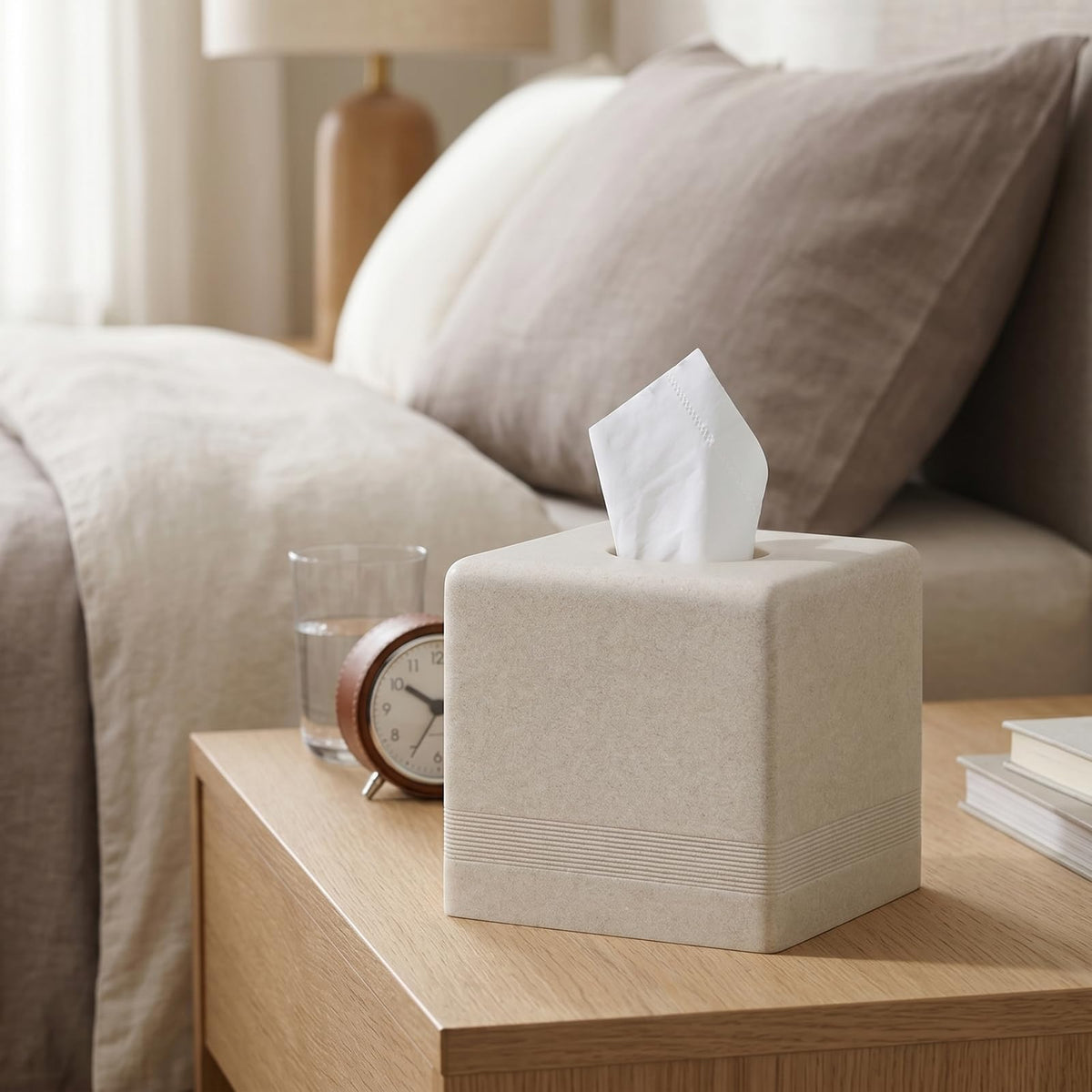 Haocoott beige tissue box cover on bedroom dresser for tidy napkin access
