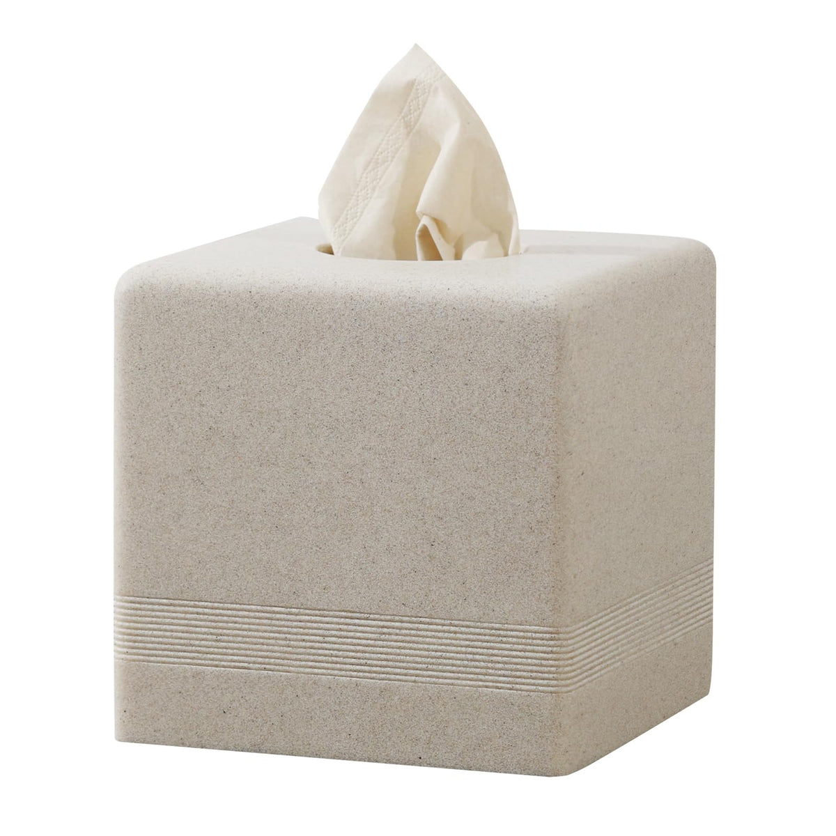Haocoott beige square tissue box cover, front view, durable resin keeps tissues accessible