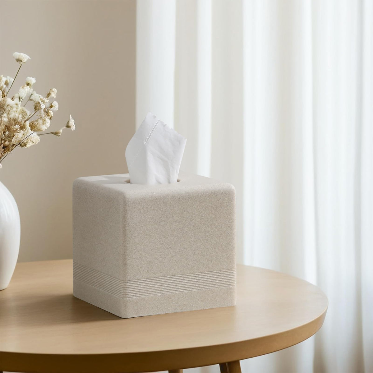 Haocoott beige tissue box cover on kitchen counter for easy reach