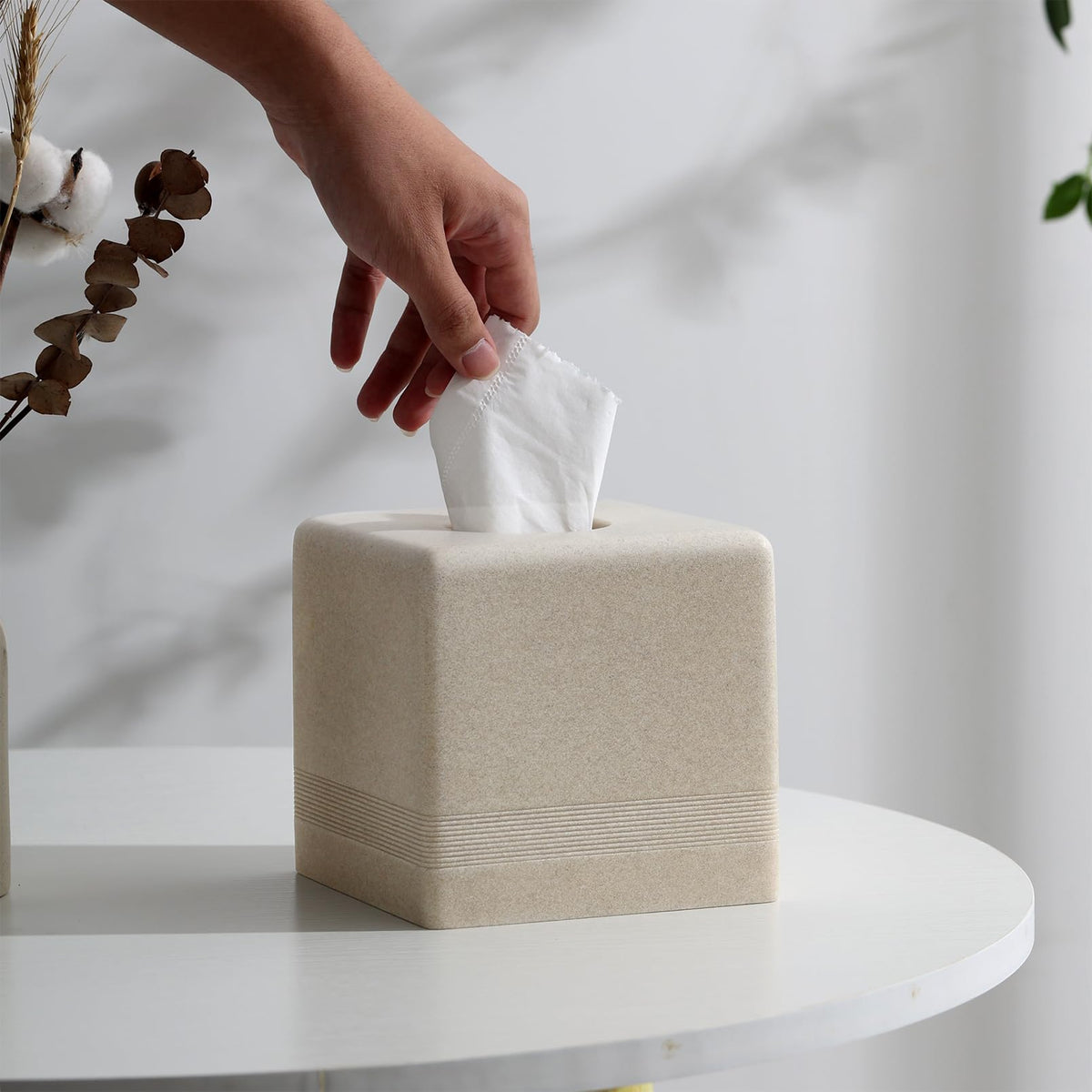 Haocoott beige square tissue box cover, side view, blends with decor