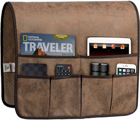HAOMAIJIA anti-slip armrest organizer front view with six pockets for quick access to remotes.