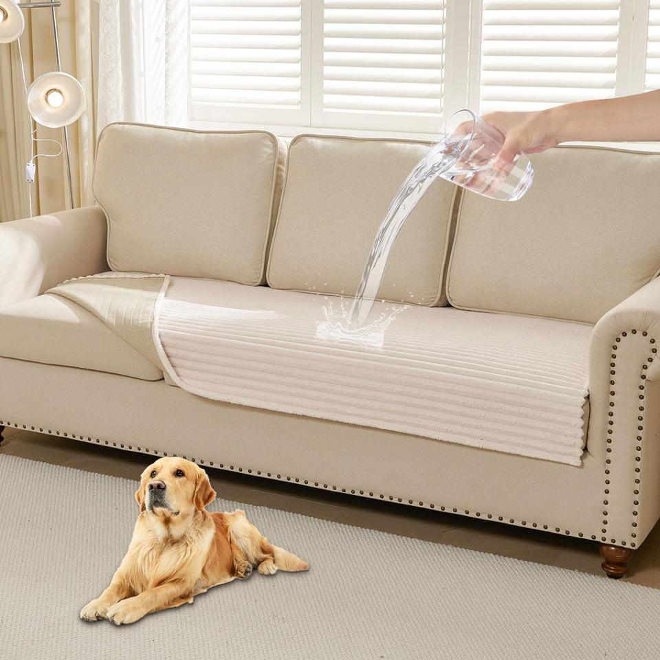 HAOMAIJIA waterproof dog couch cover in soft velvet off-white, protects against spills on sofas.