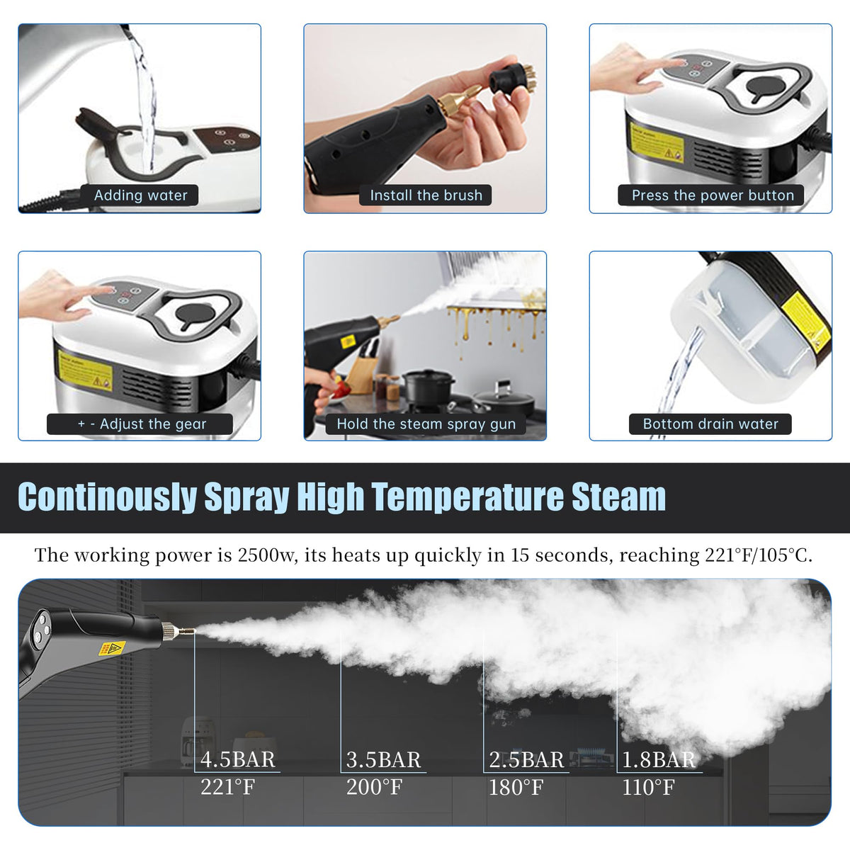 Haosidsn steam cleaner 1200ml top-fill tank for longer sessions.