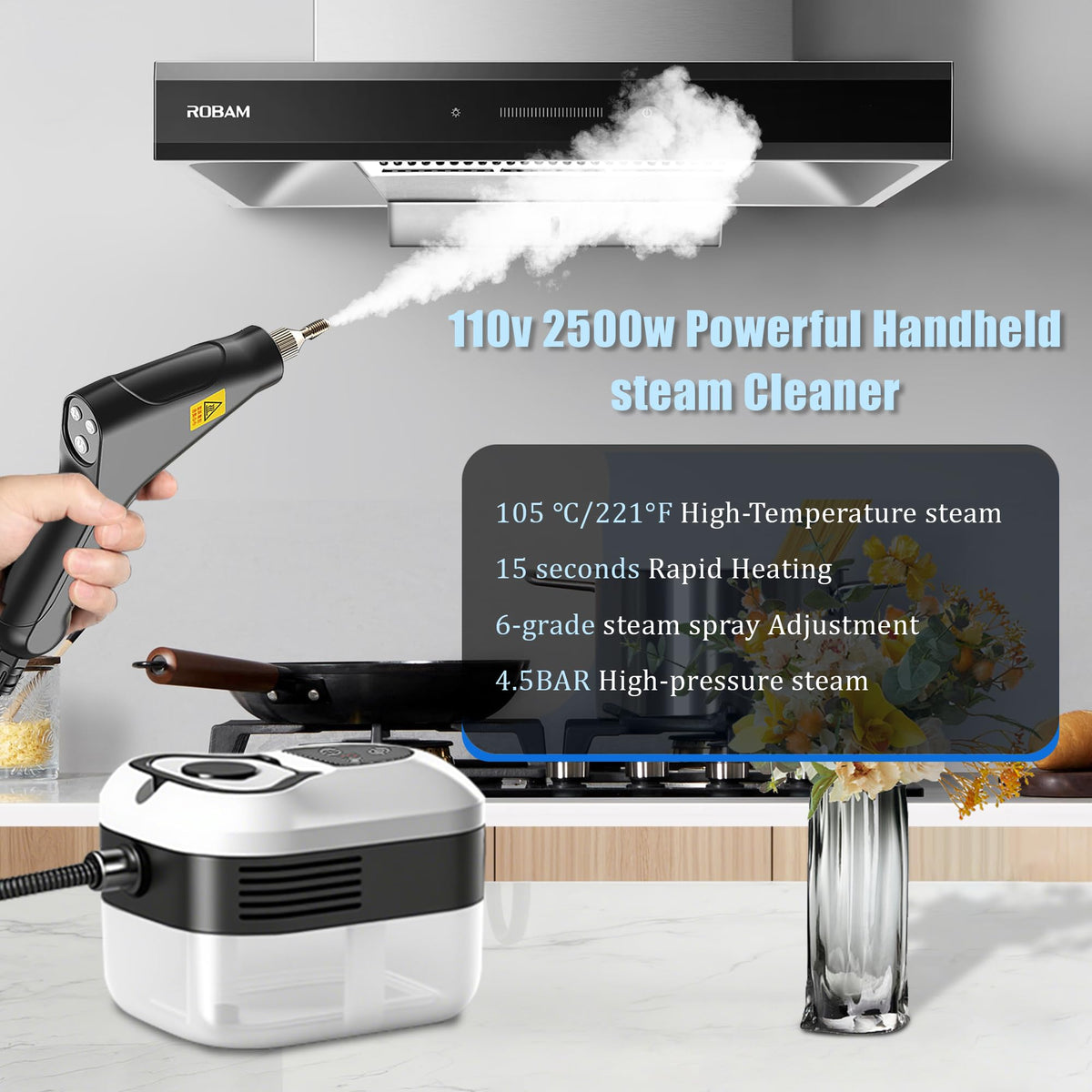 Haosidsn steam cleaner 15s heat-up highlights quick readiness.
