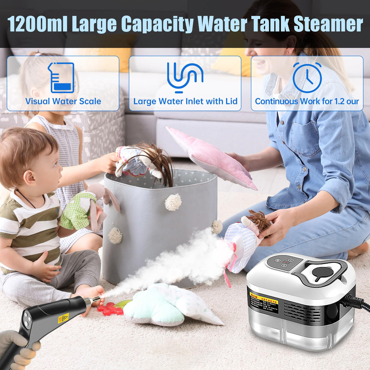 Haosidsn steam cleaner 70-inch hose reaches ceilings and walls.