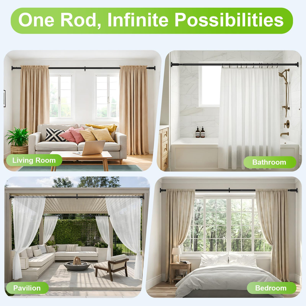 HAOYUNTE black finish tension rod adds a sleek look to interiors.