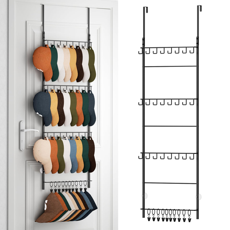 HapiRm over-the-door hat organizer shows four tiers for quick cap access.