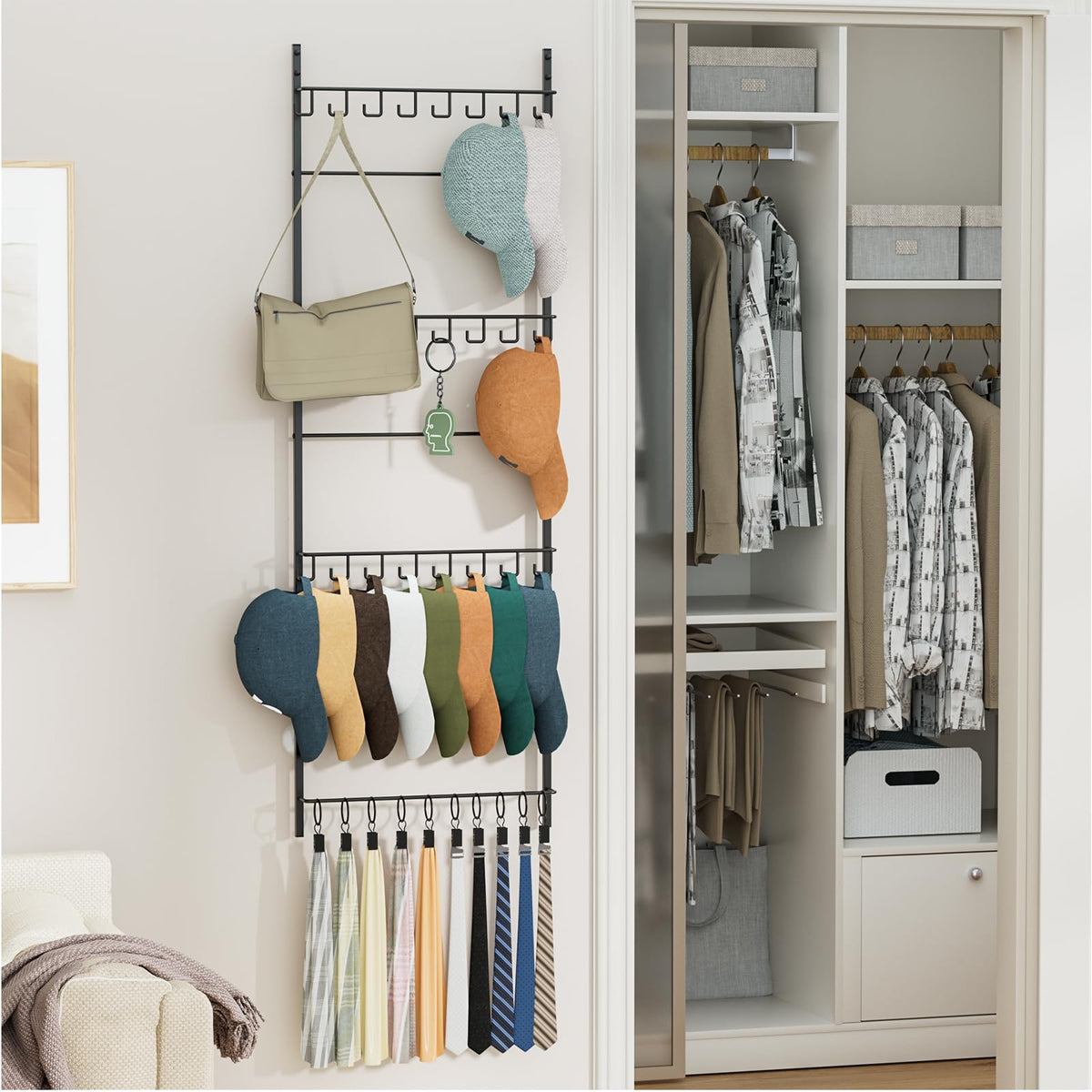 HapiRm wall-mounted hat rack holds up to 34 caps for a clutter-free closet.
