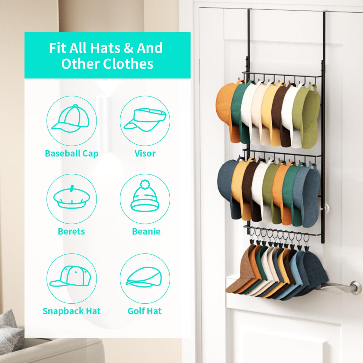 HapiRm movable clips secure hats and accessories.