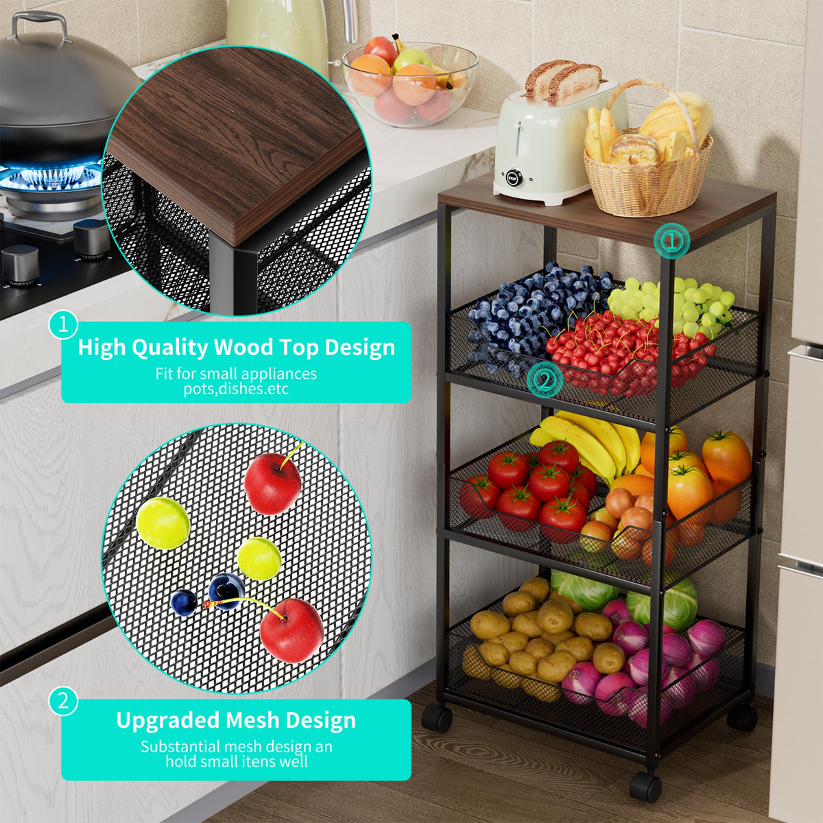 HapiRm 4-tier kitchen storage cart maximizes vertical space for produce.