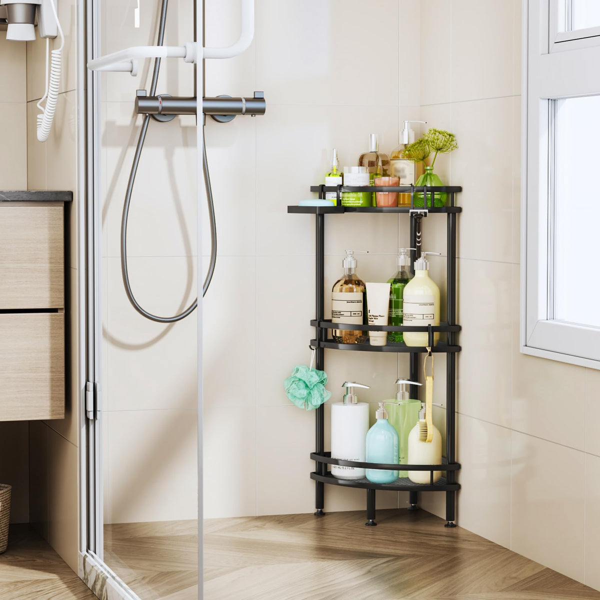 HapiRm adhesive hooks keep the shower caddy steady and organized.