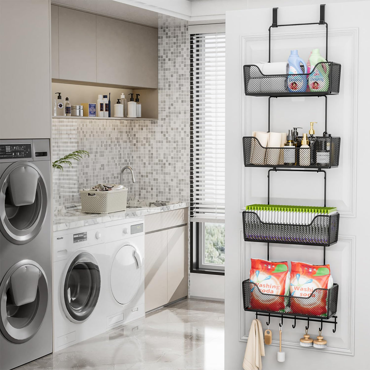 Back-of-door storage used in kitchen and bathroom for essentials.