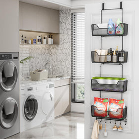 Back-of-door storage used in kitchen and bathroom for essentials.