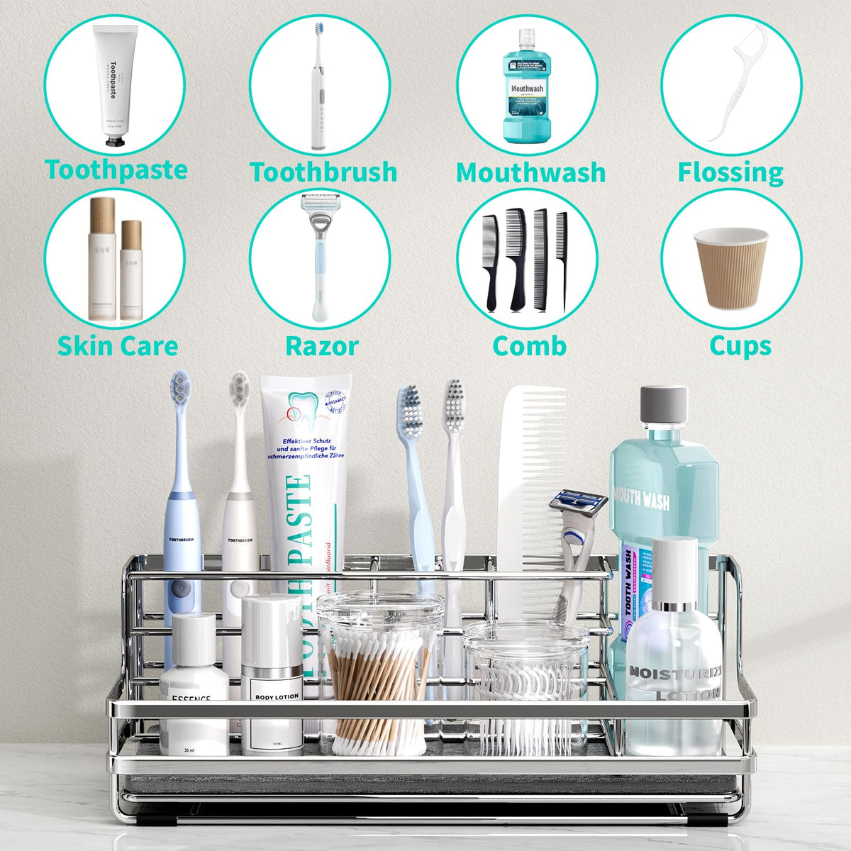 HapiRm bathroom organizer with five compartments keeps items separated and tidy