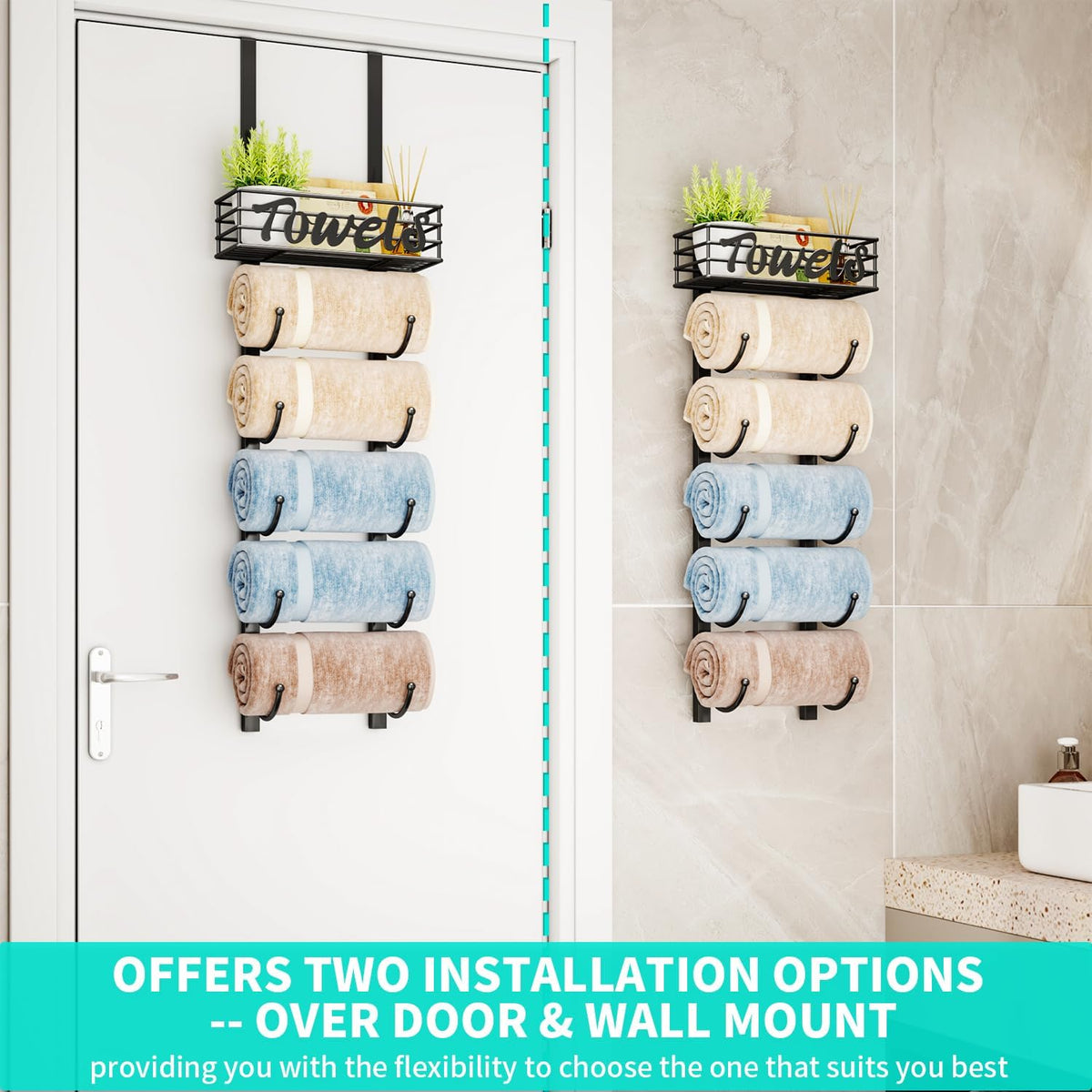 HapiRm black finish towel rack complements modern décor