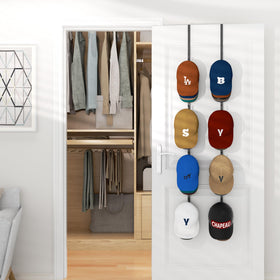 Door-mount hat organizer stays stable with metal hooks on thicker doors.