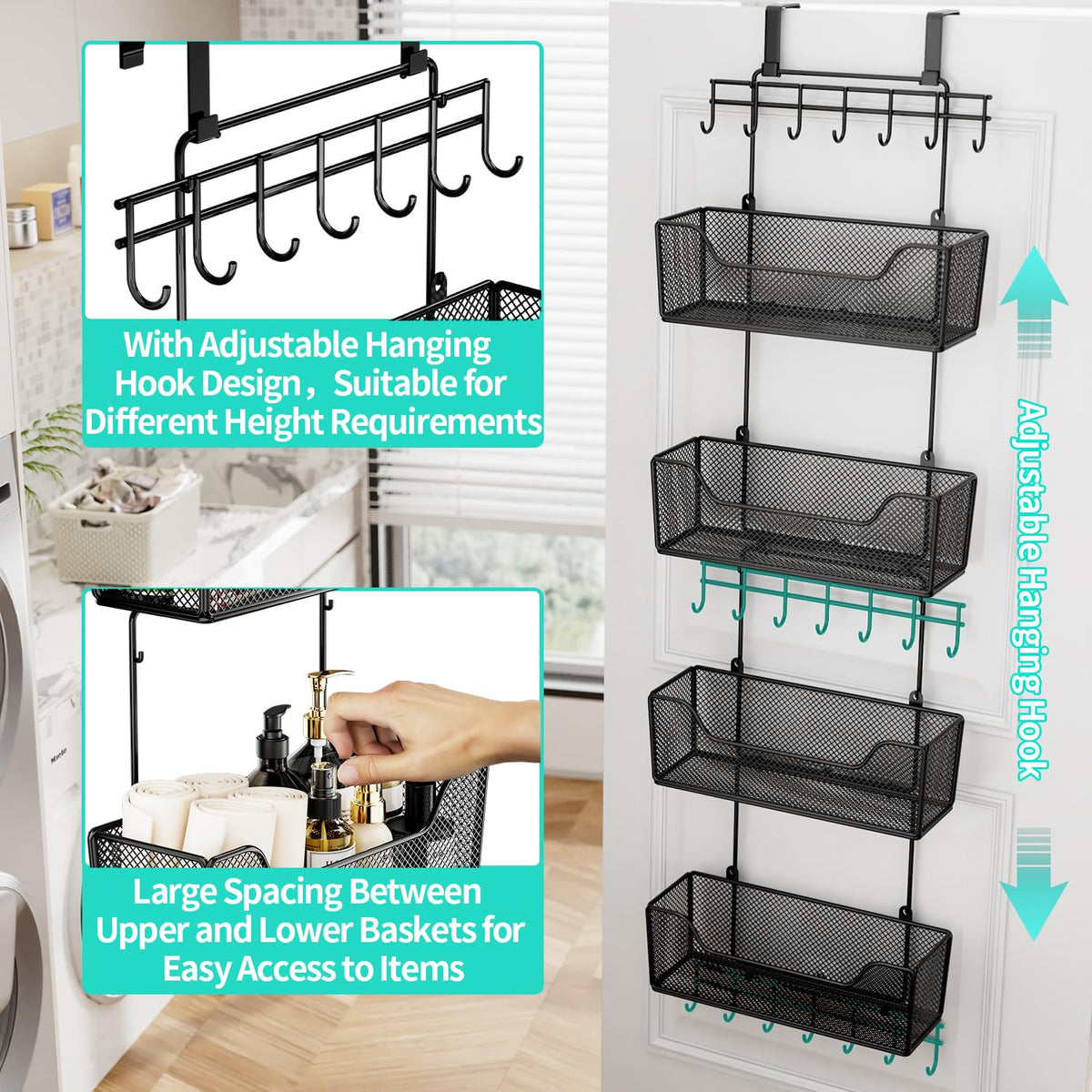 Door organizer showing integrated hooks for hanging items.