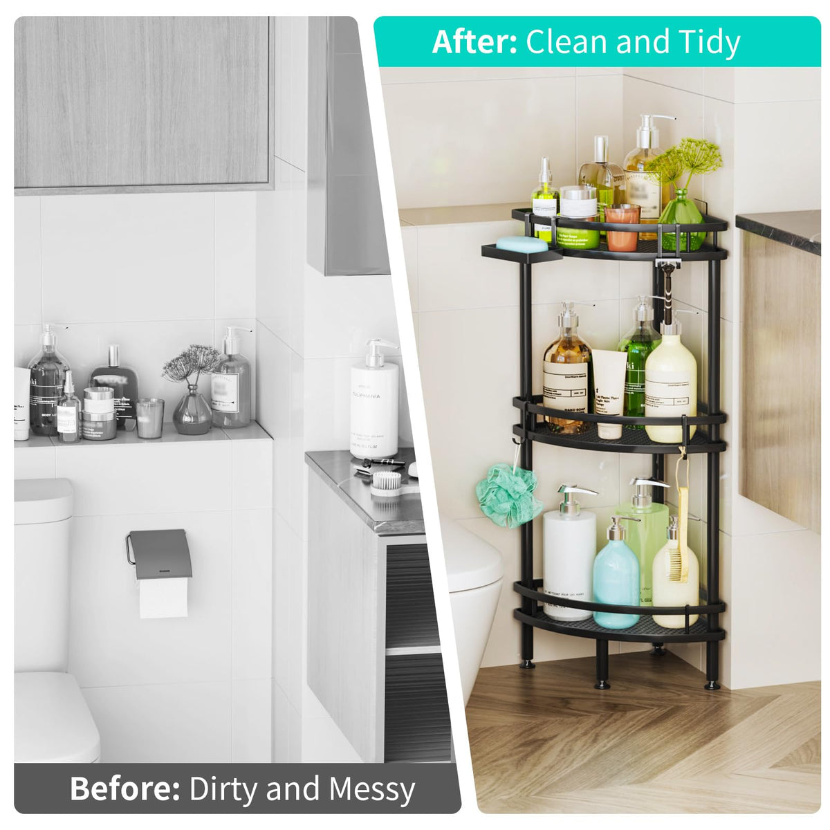 HapiRm quick-install corner caddy for effortless bathroom organization.