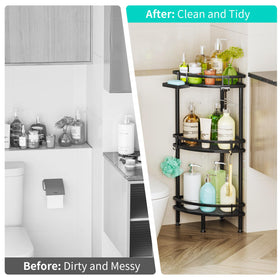 HapiRm quick-install corner caddy for effortless bathroom organization.