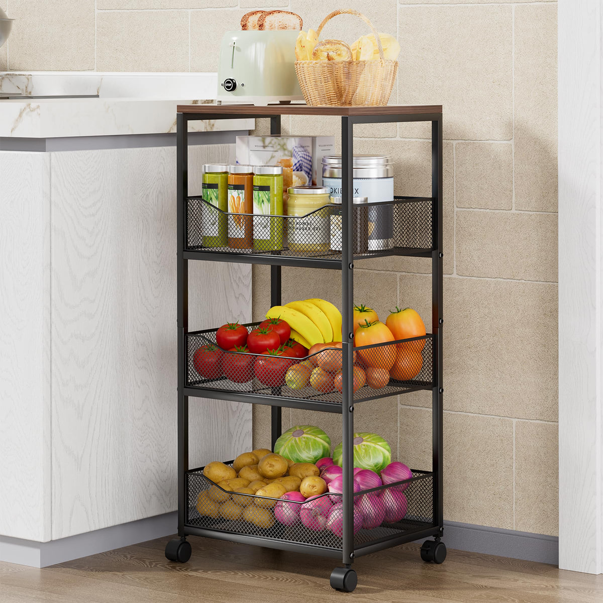 HapiRm fruit basket kitchen cart with wood top offers extra prep surface.
