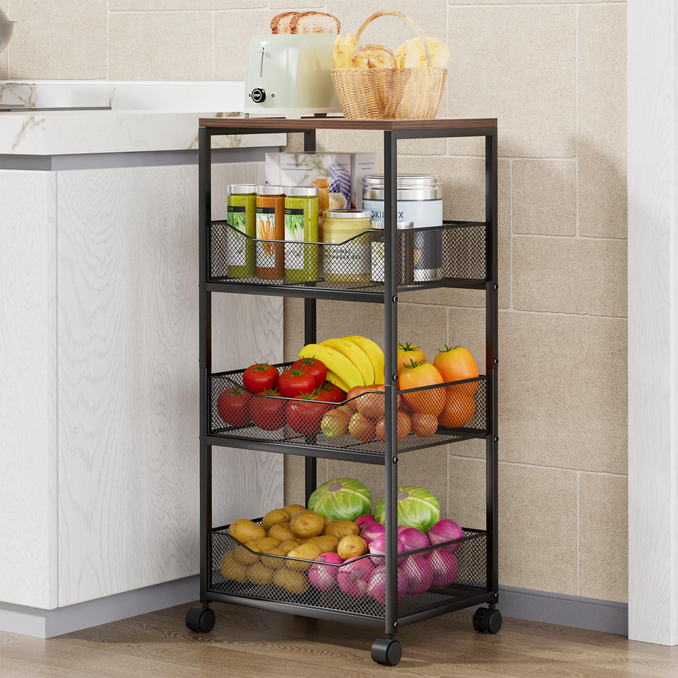 HapiRm fruit basket kitchen cart with wood top offers extra prep surface.