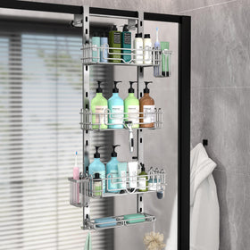 HapiRm hanging shower caddy with 22 hooks and 2 toothbrush holders for organized bathroom storage.