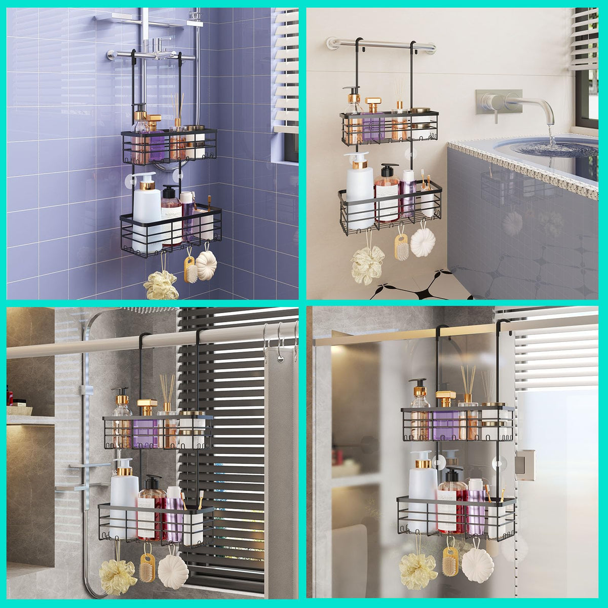 HapiRm hanging shower caddy back-hanging-option adapts to grab bars and rods.