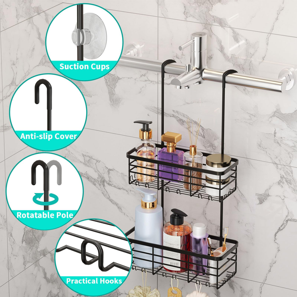 HapiRm hanging shower caddy front-hanging-option offers flexible placement over doors for compact baths.