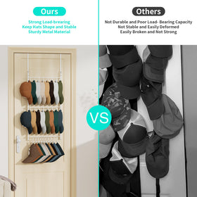 HapiRm hat organizer on wall demonstrates clip system for secure hat storage.
