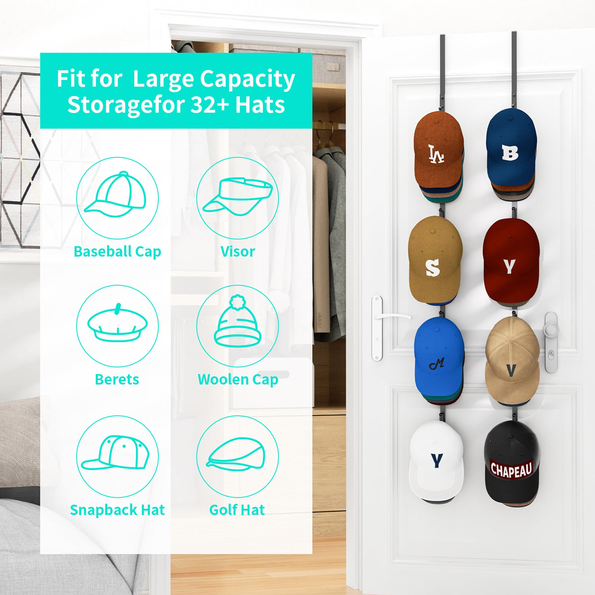 HapiRm four-tier hat storage neatly arranges caps and accessories.
