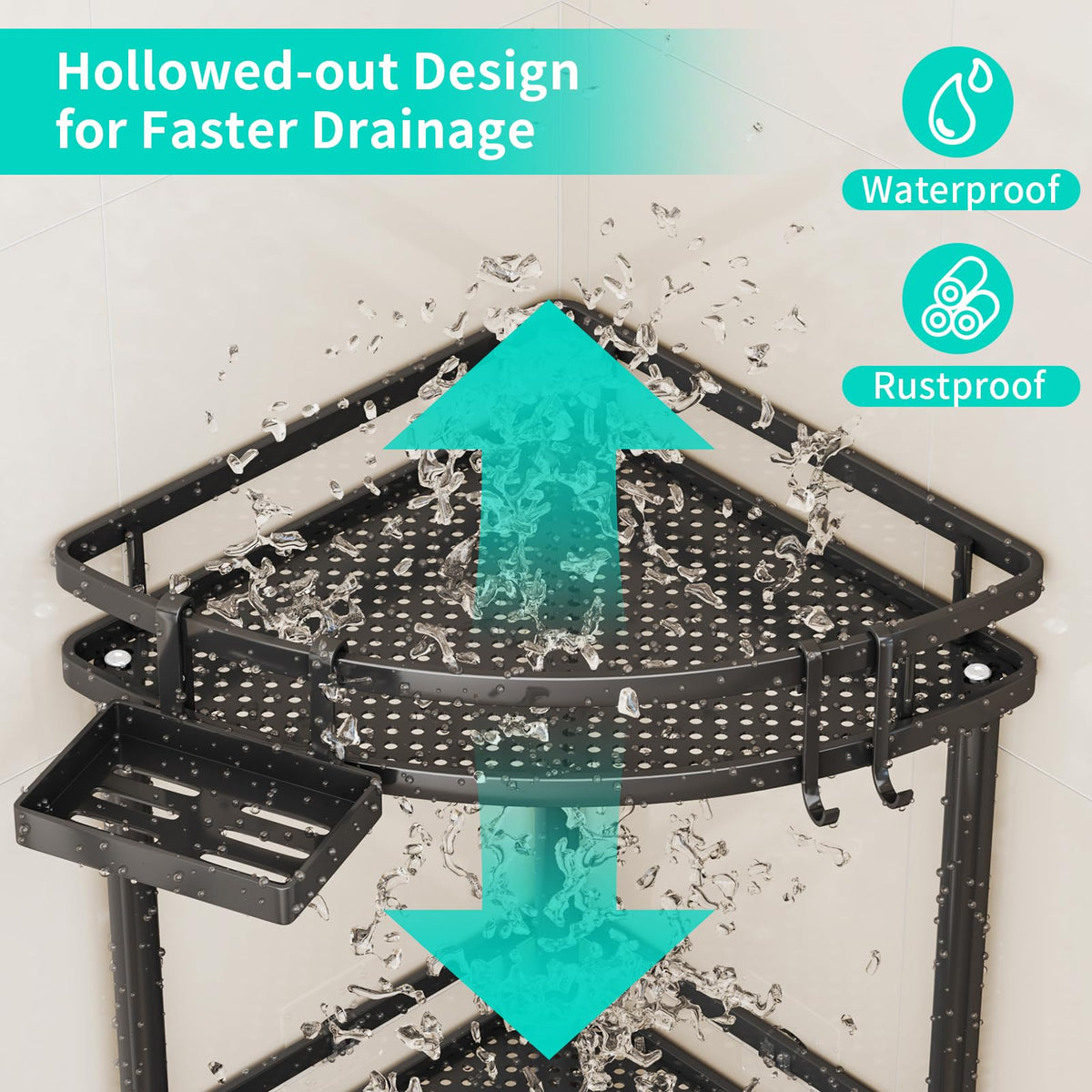 HapiRm hollow drainage design ensures fast water loss on the shower shelf.