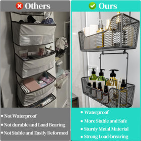 Metal door storage baskets with mesh design for organized items.